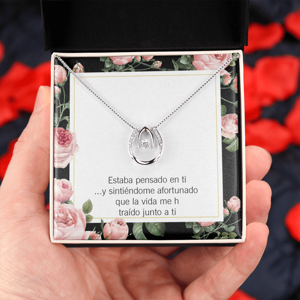 To My Girlfriend Thinking of You Spanish Lucky Horseshoe Necklace Message Card 14k w CZ Crystals-Express Your Love Gifts
