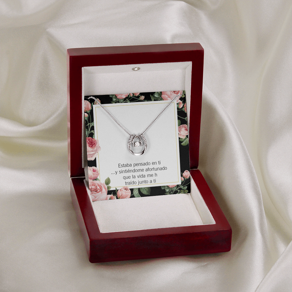 To My Girlfriend Thinking of You Spanish Lucky Horseshoe Necklace Message Card 14k w CZ Crystals-Express Your Love Gifts