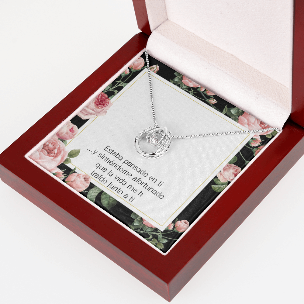 To My Girlfriend Thinking of You Spanish Lucky Horseshoe Necklace Message Card 14k w CZ Crystals-Express Your Love Gifts