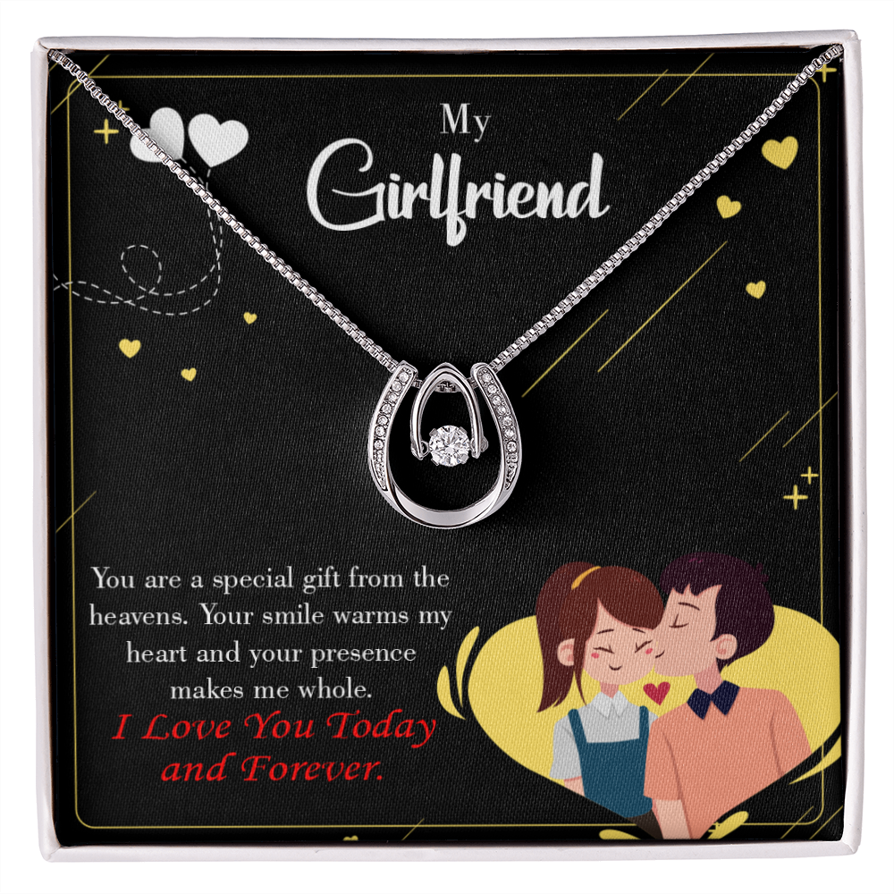 To My Girlfriend Today &amp; Forever Dark Lucky Horseshoe Necklace Message Card 14k w CZ Crystals-Express Your Love Gifts