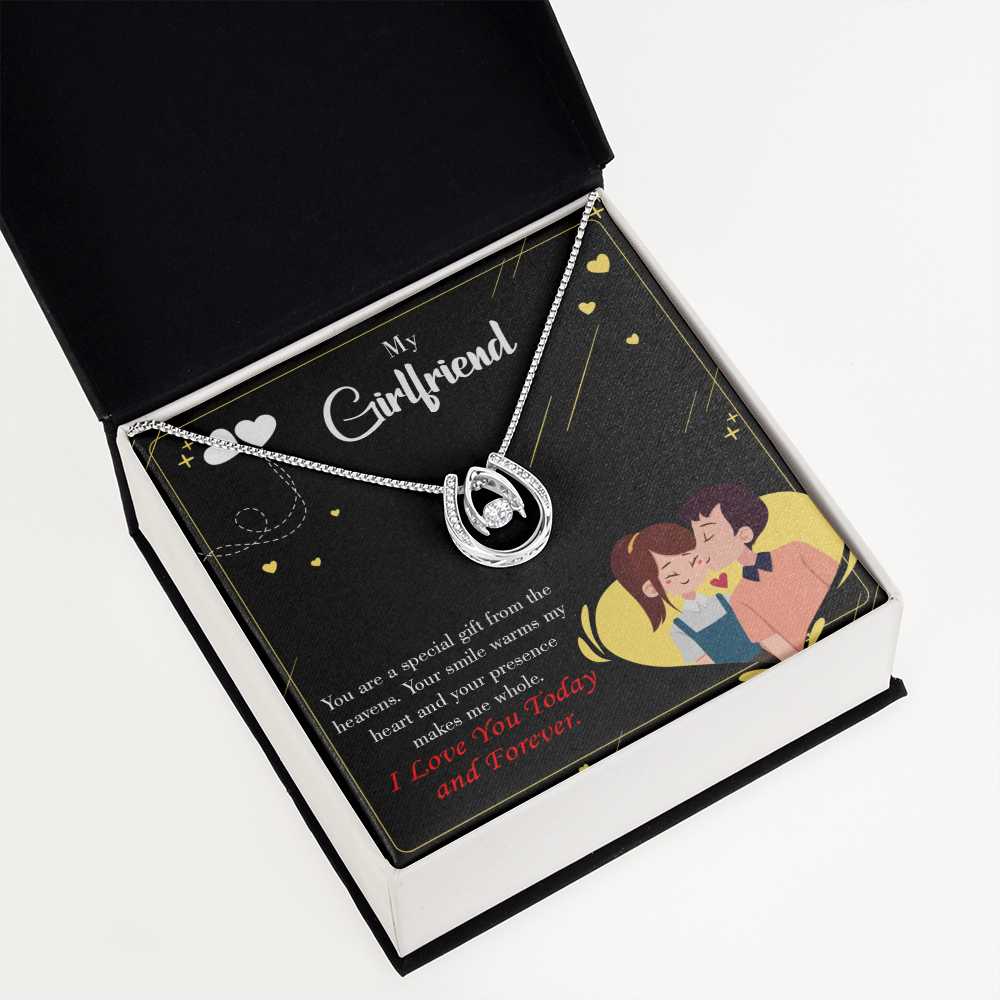 To My Girlfriend Today & Forever Dark Lucky Horseshoe Necklace Message Card 14k w CZ Crystals-Express Your Love Gifts