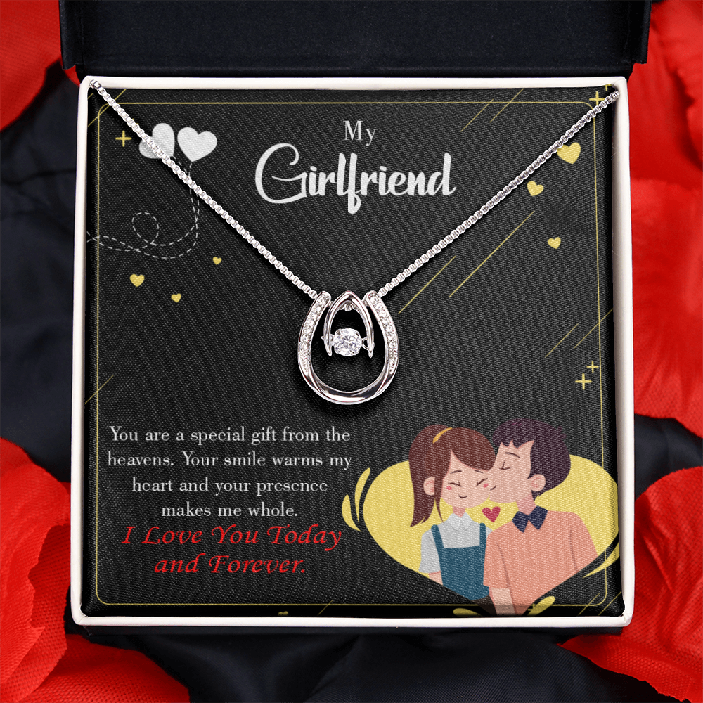 To My Girlfriend Today & Forever Dark Lucky Horseshoe Necklace Message Card 14k w CZ Crystals-Express Your Love Gifts