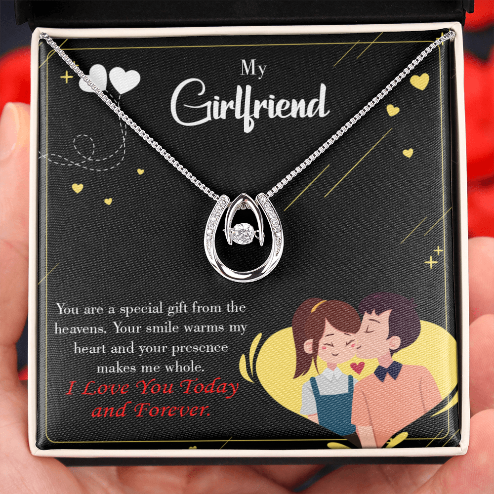 To My Girlfriend Today & Forever Dark Lucky Horseshoe Necklace Message Card 14k w CZ Crystals-Express Your Love Gifts