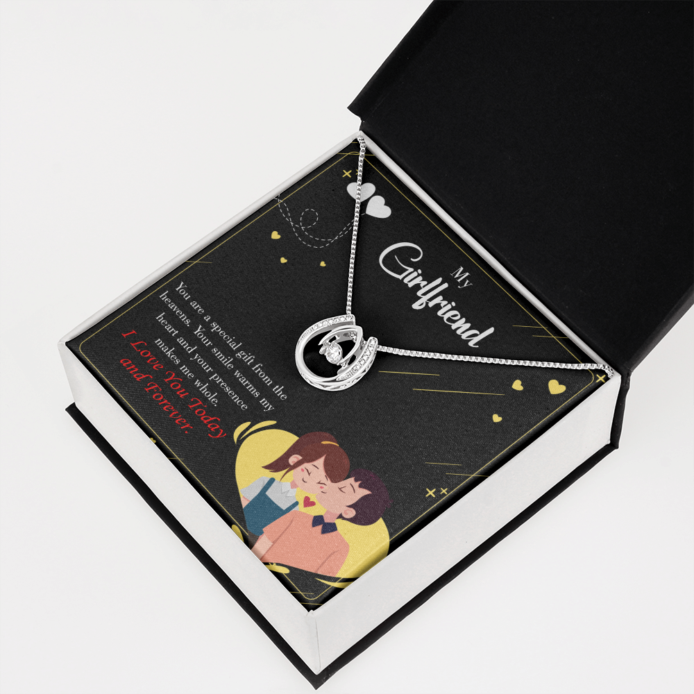 To My Girlfriend Today & Forever Lucky Horseshoe Necklace Message Card 14k w CZ Crystals-Express Your Love Gifts