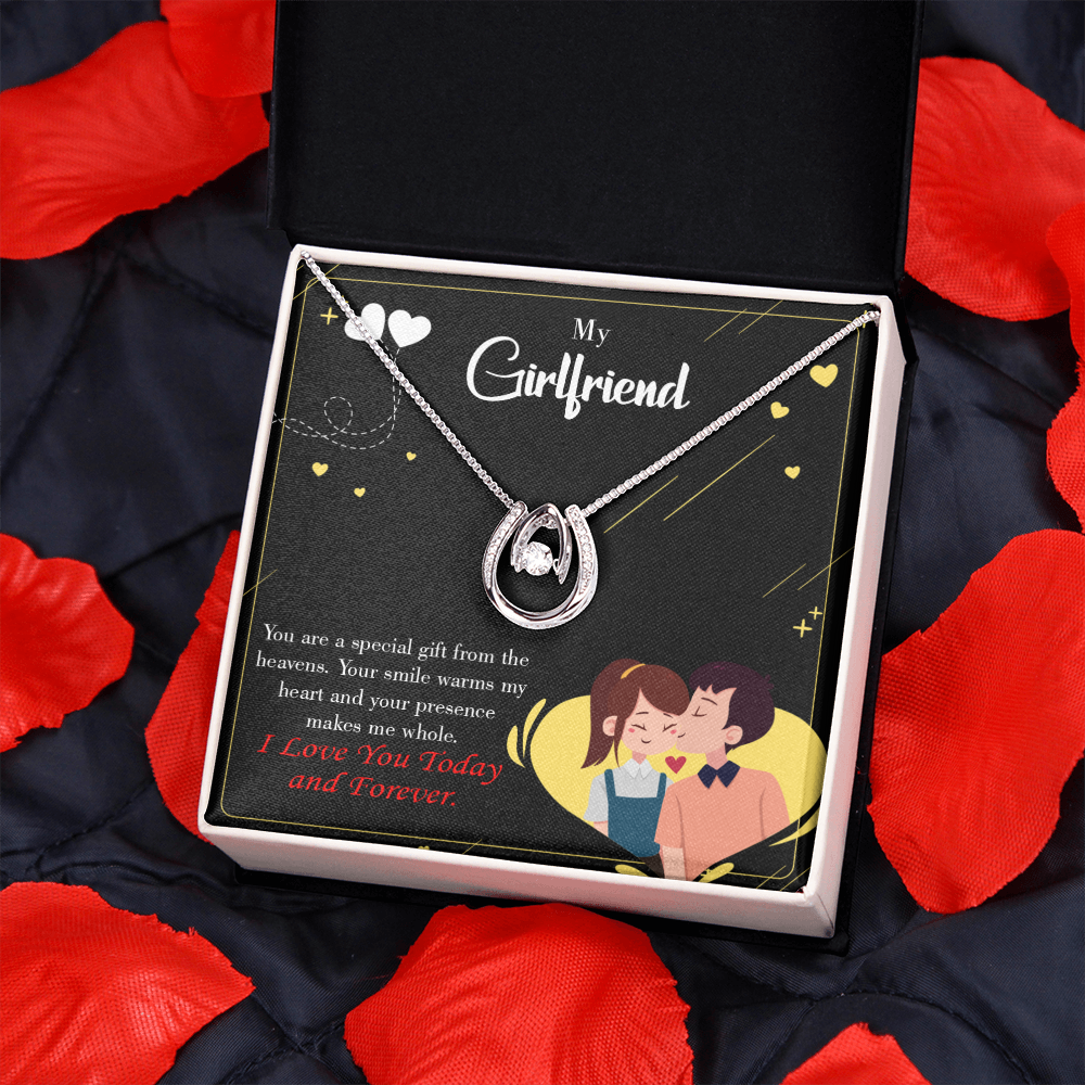 To My Girlfriend Today & Forever Lucky Horseshoe Necklace Message Card 14k w CZ Crystals-Express Your Love Gifts