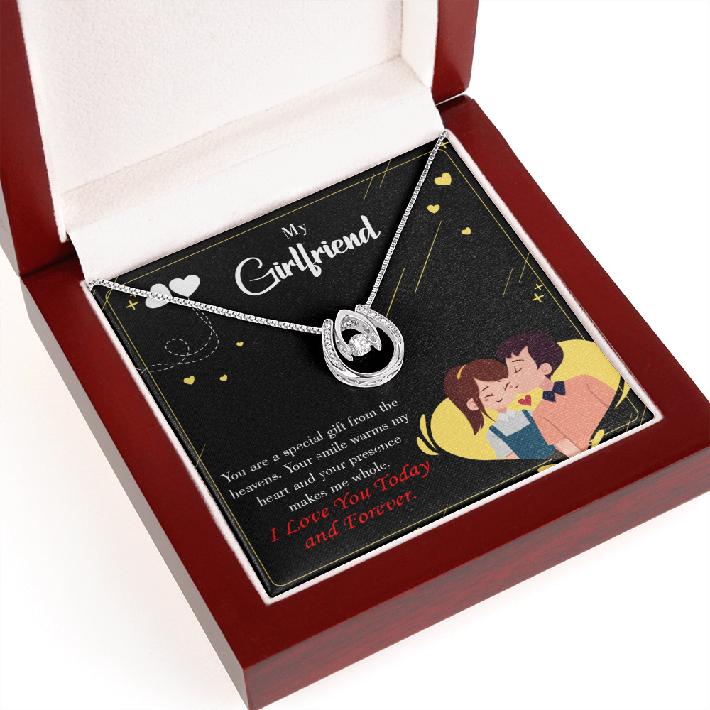 To My Girlfriend Today & Forever Lucky Horseshoe Necklace Message Card 14k w CZ Crystals-Express Your Love Gifts