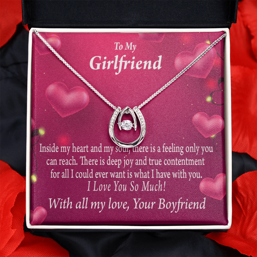 To My Girlfriend True Contentment Lucky Horseshoe Necklace Message Card 14k w CZ Crystals-Express Your Love Gifts