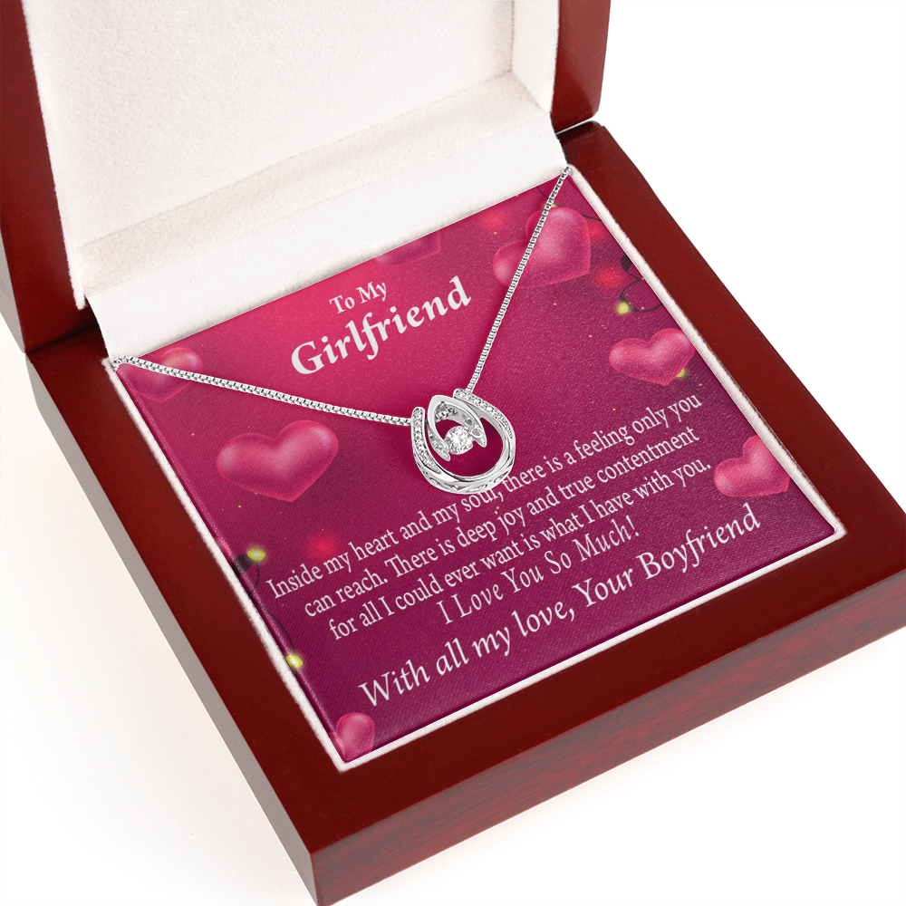 To My Girlfriend True Contentment Lucky Horseshoe Necklace Message Card 14k w CZ Crystals-Express Your Love Gifts