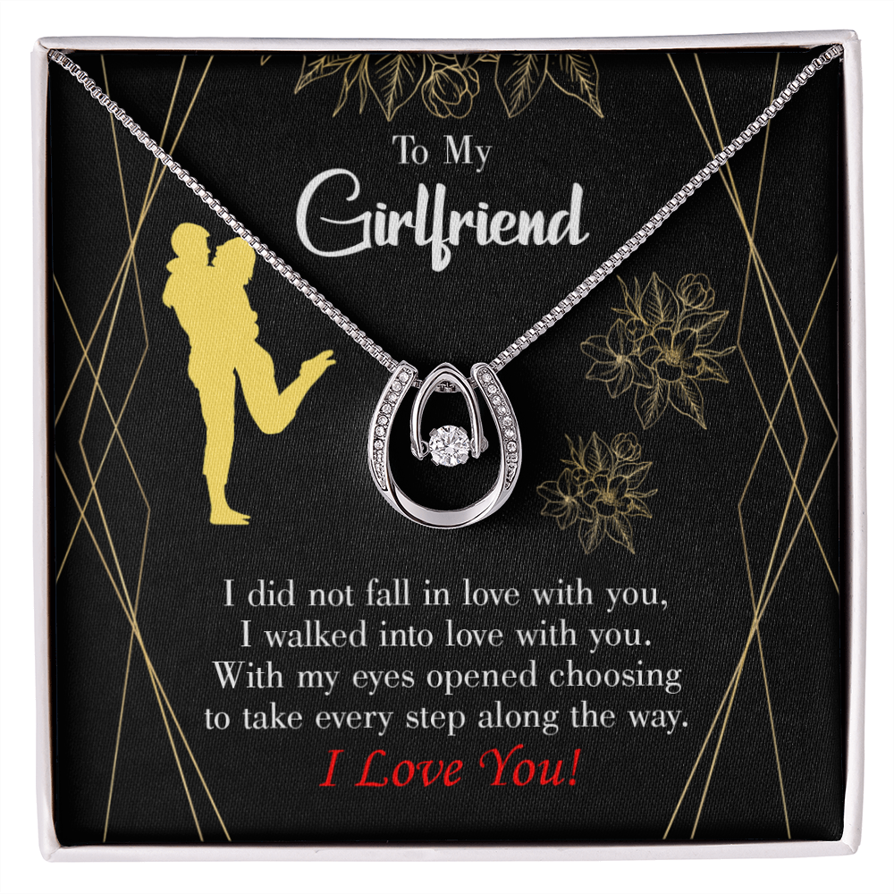 To My Girlfriend Walked Into Love Lucky Horseshoe Necklace Message Card 14k w CZ Crystals-Express Your Love Gifts
