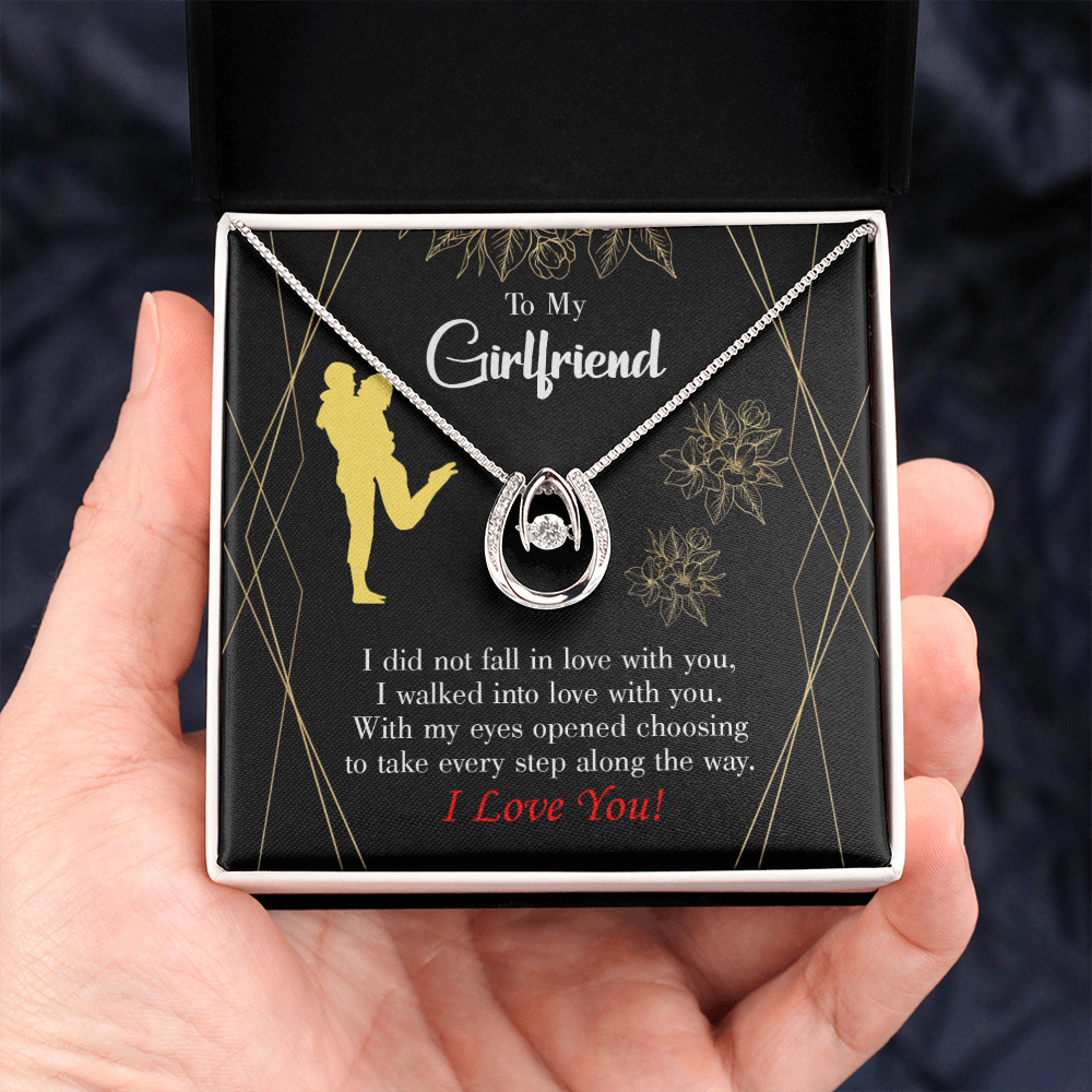 To My Girlfriend Walked Into Love Lucky Horseshoe Necklace Message Card 14k w CZ Crystals-Express Your Love Gifts