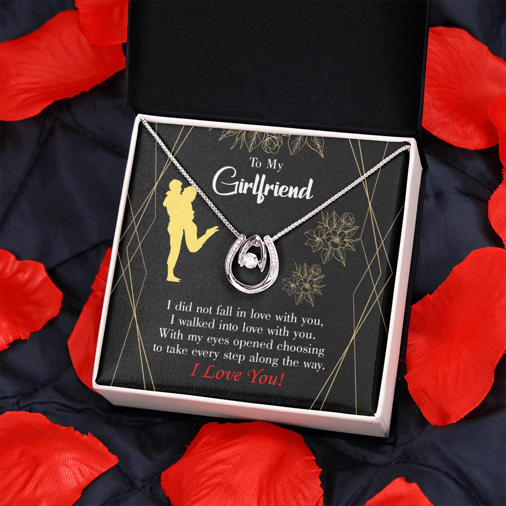 To My Girlfriend Walked Into Love Lucky Horseshoe Necklace Message Card 14k w CZ Crystals-Express Your Love Gifts