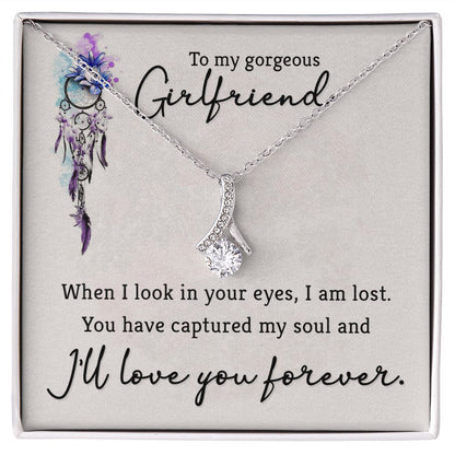 To My Girlfriend When I Look in Your Eyes Alluring Ribbon Necklace Message Card-Express Your Love Gifts