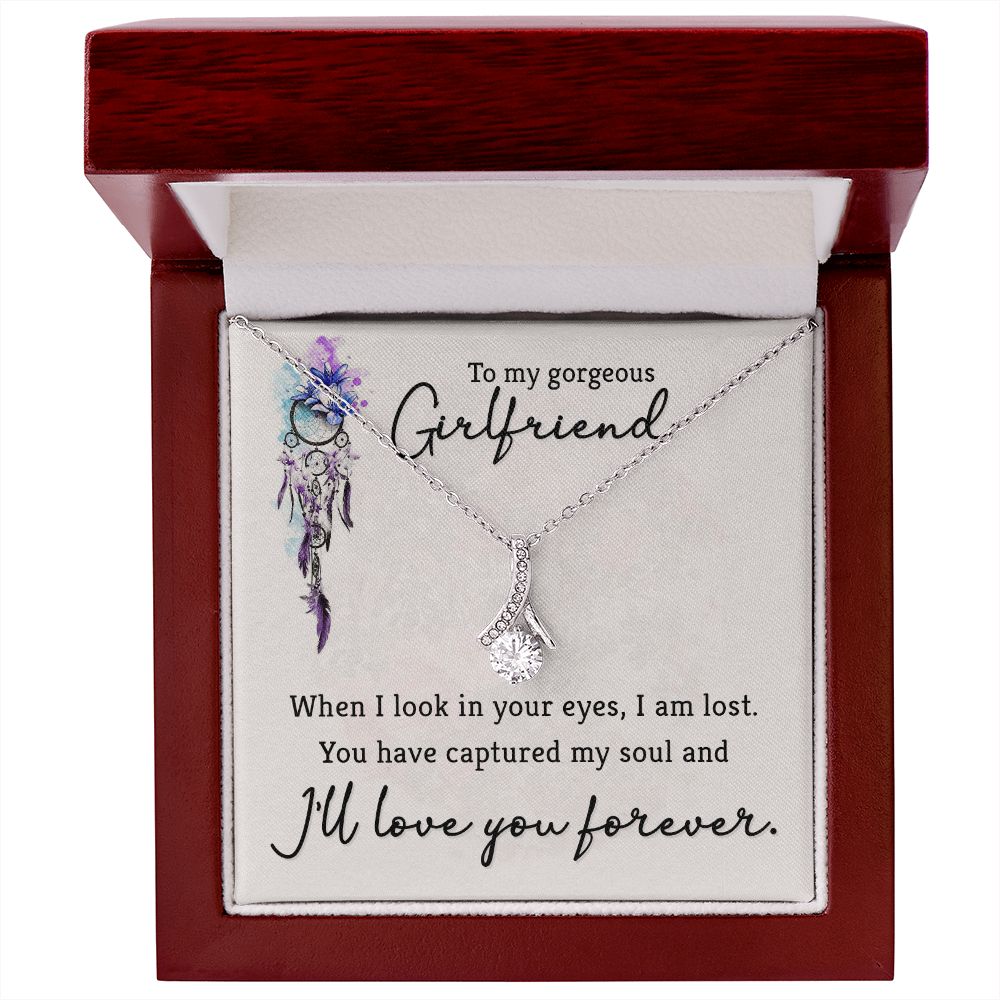 To My Girlfriend When I Look in Your Eyes Alluring Ribbon Necklace Message Card-Express Your Love Gifts