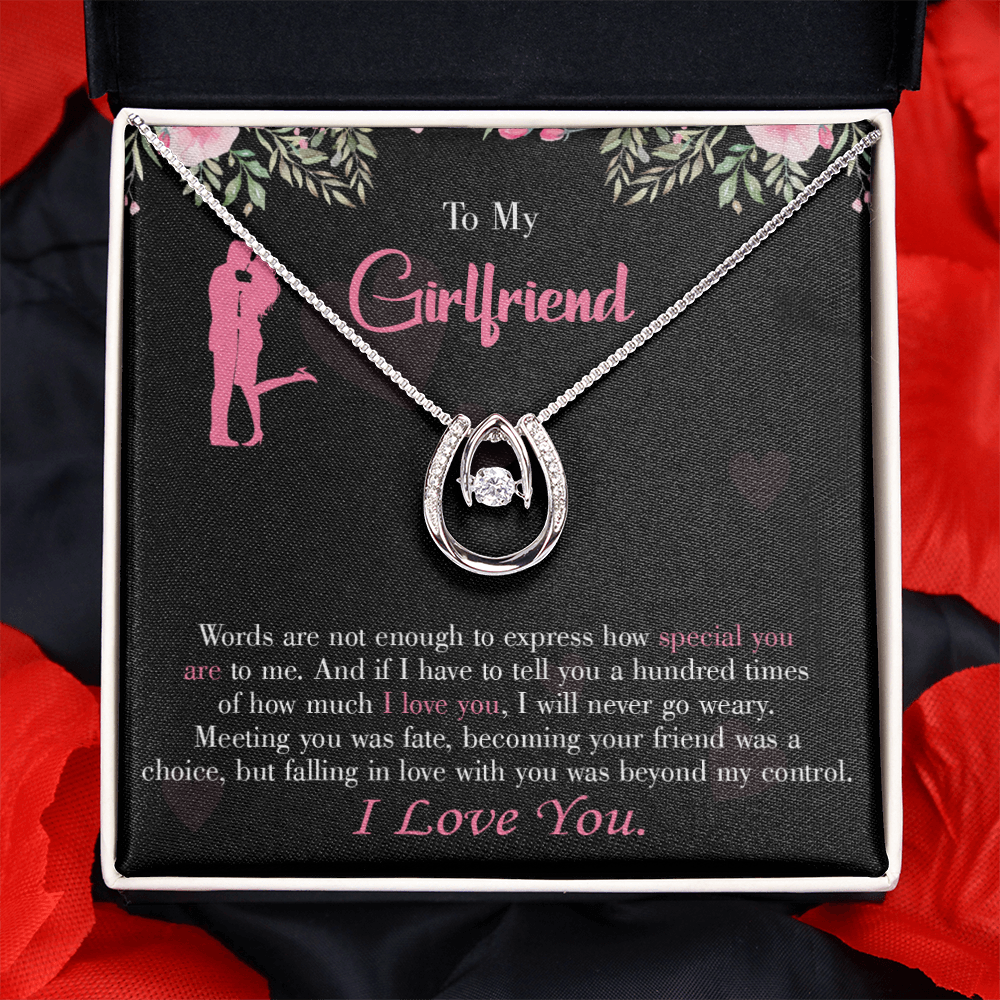To My Girlfriend Words Are Not Enough Lucky Horseshoe Necklace Message Card 14k w CZ Crystals-Express Your Love Gifts