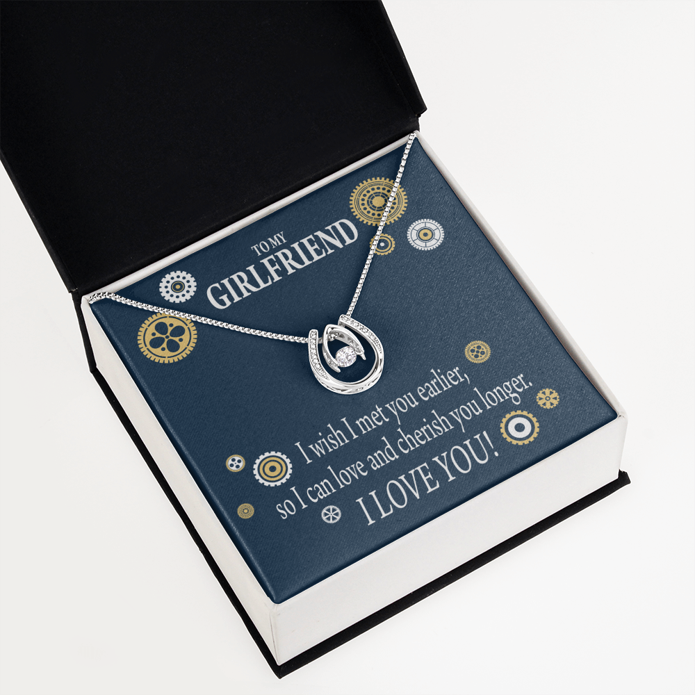 To My Girlfriend You Are Cherished Lucky Horseshoe Necklace Message Card 14k w CZ Crystals-Express Your Love Gifts