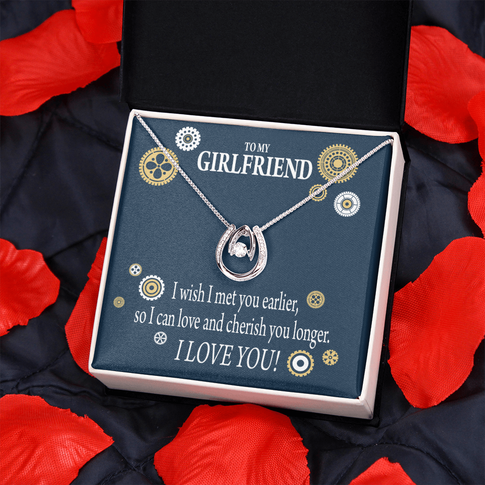 To My Girlfriend You Are Cherished Lucky Horseshoe Necklace Message Card 14k w CZ Crystals-Express Your Love Gifts