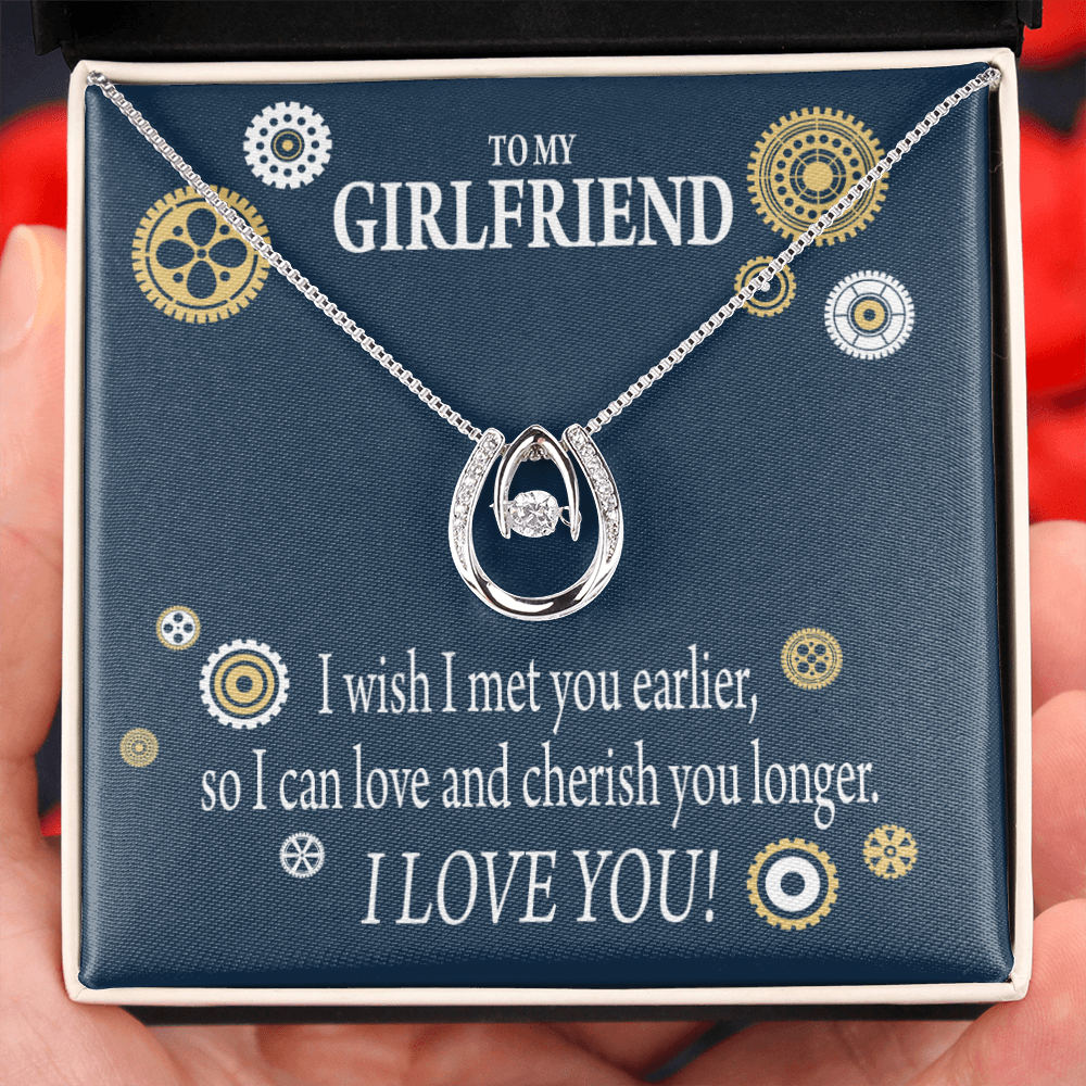 To My Girlfriend You Are Cherished Lucky Horseshoe Necklace Message Card 14k w CZ Crystals-Express Your Love Gifts