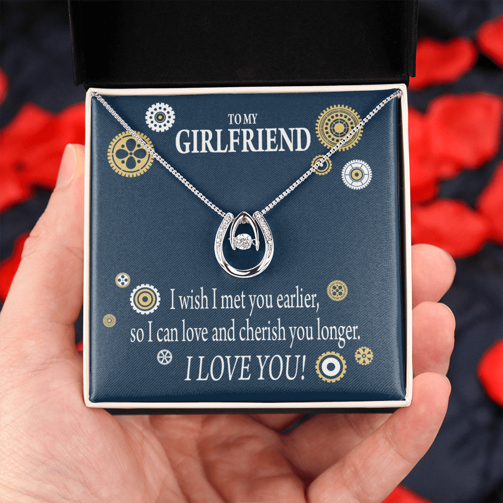 To My Girlfriend You Are Cherished Lucky Horseshoe Necklace Message Card 14k w CZ Crystals-Express Your Love Gifts