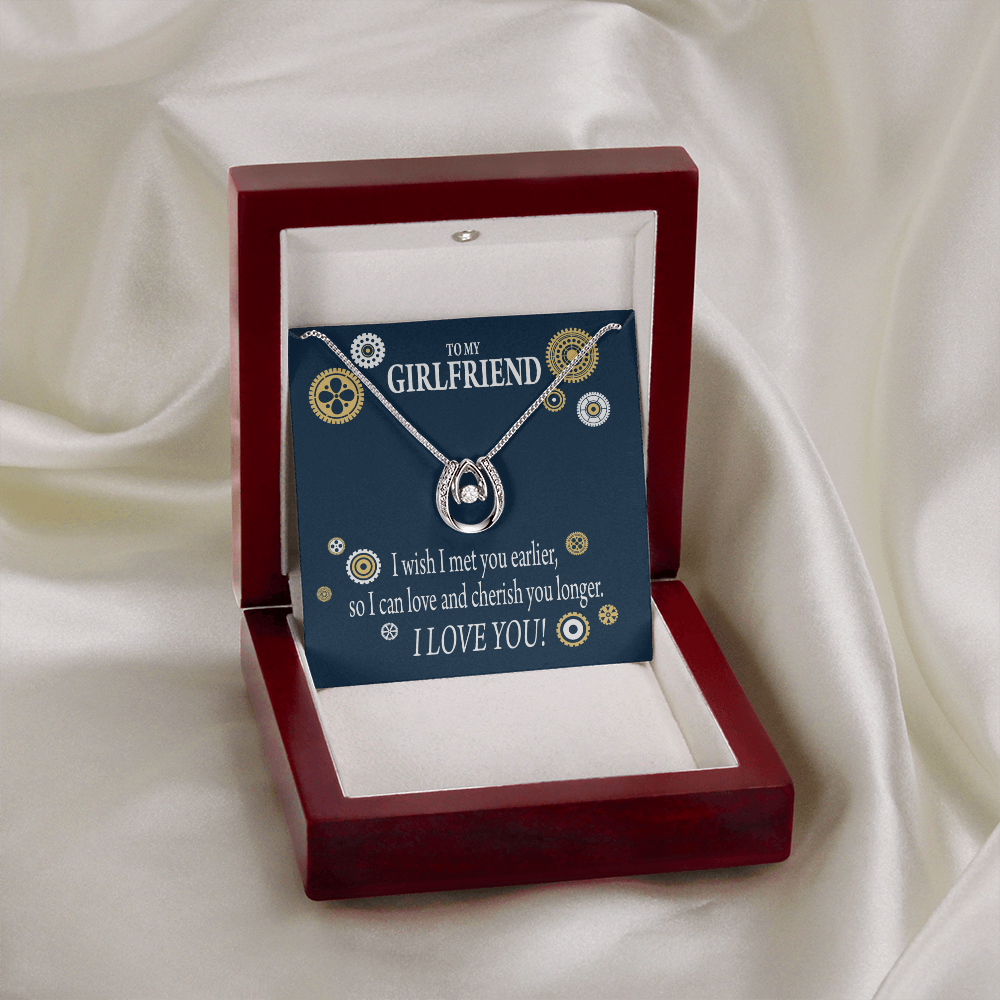 To My Girlfriend You Are Cherished Lucky Horseshoe Necklace Message Card 14k w CZ Crystals-Express Your Love Gifts