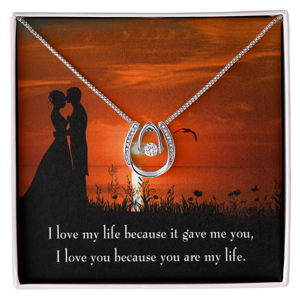 To My Girlfriend You Are MY Life Lucky Horseshoe Necklace Message Card 14k w CZ Crystals-Express Your Love Gifts