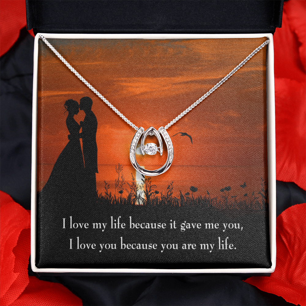 To My Girlfriend You Are MY Life Lucky Horseshoe Necklace Message Card 14k w CZ Crystals-Express Your Love Gifts