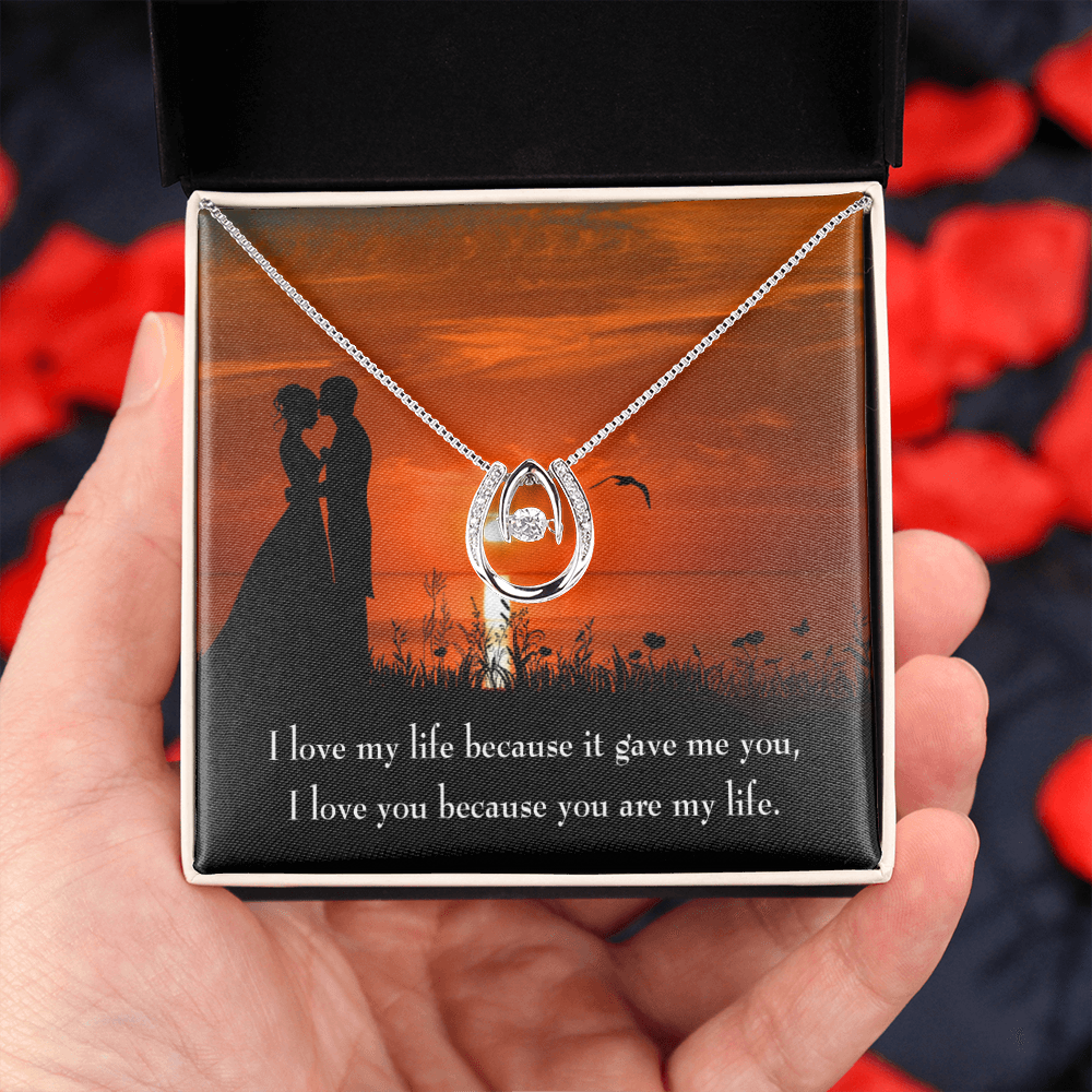 To My Girlfriend You Are MY Life Lucky Horseshoe Necklace Message Card 14k w CZ Crystals-Express Your Love Gifts
