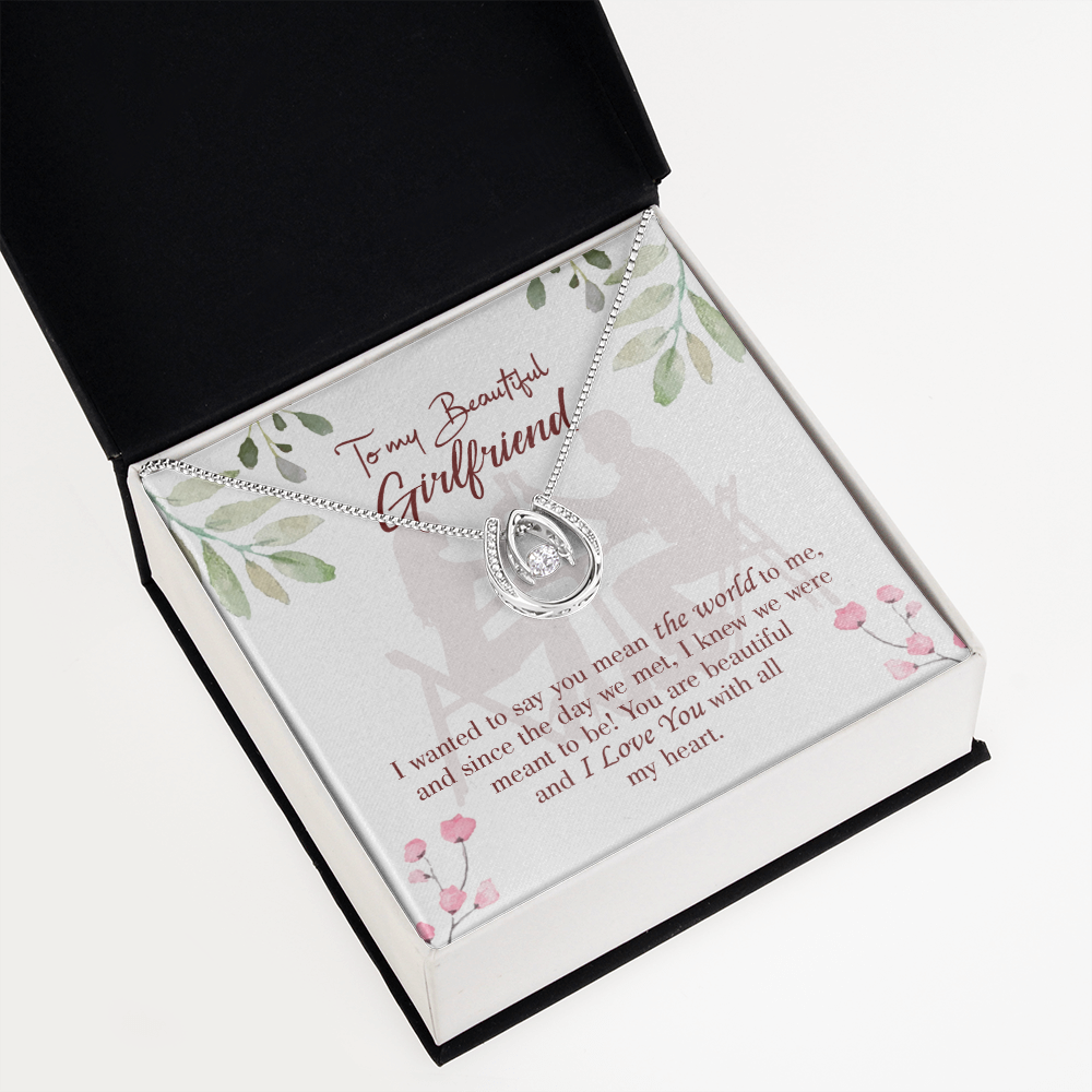 To My Girlfriend You Are My World Lucky Horseshoe Necklace Message Card 14k w CZ Crystals-Express Your Love Gifts