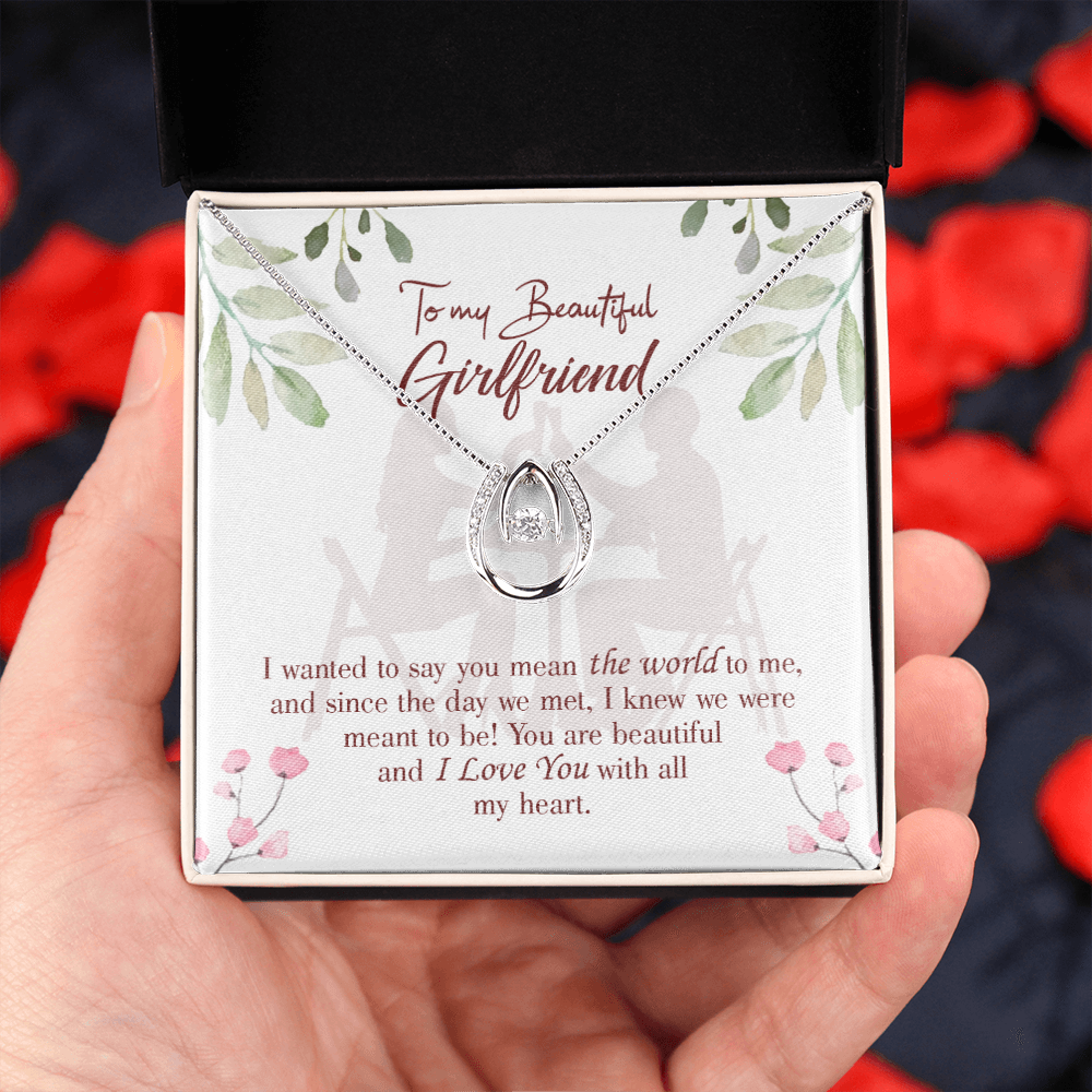 To My Girlfriend You Are My World Lucky Horseshoe Necklace Message Card 14k w CZ Crystals-Express Your Love Gifts