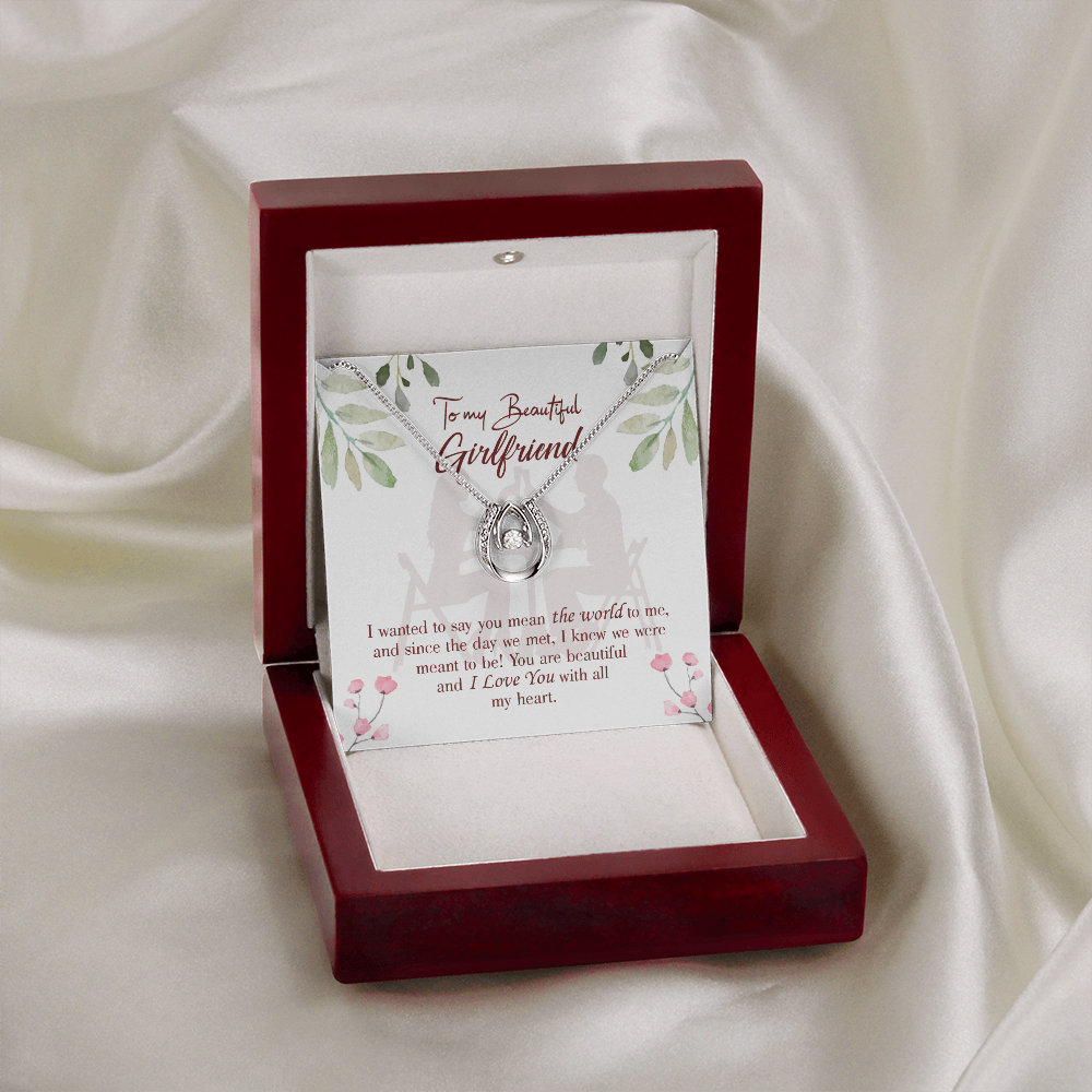 To My Girlfriend You Are My World Lucky Horseshoe Necklace Message Card 14k w CZ Crystals-Express Your Love Gifts