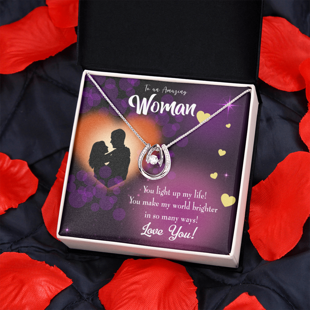 To My Girlfriend You Light up my Life Lucky Horseshoe Necklace Message Card 14k w CZ Crystals-Express Your Love Gifts