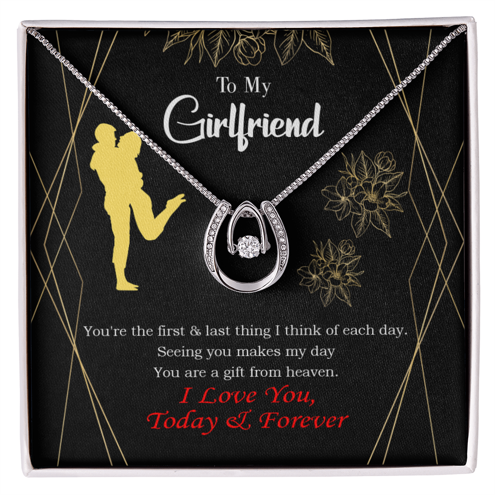 To My Girlfriend You Make my Day Lucky Horseshoe Necklace Message Card 14k w CZ Crystals-Express Your Love Gifts