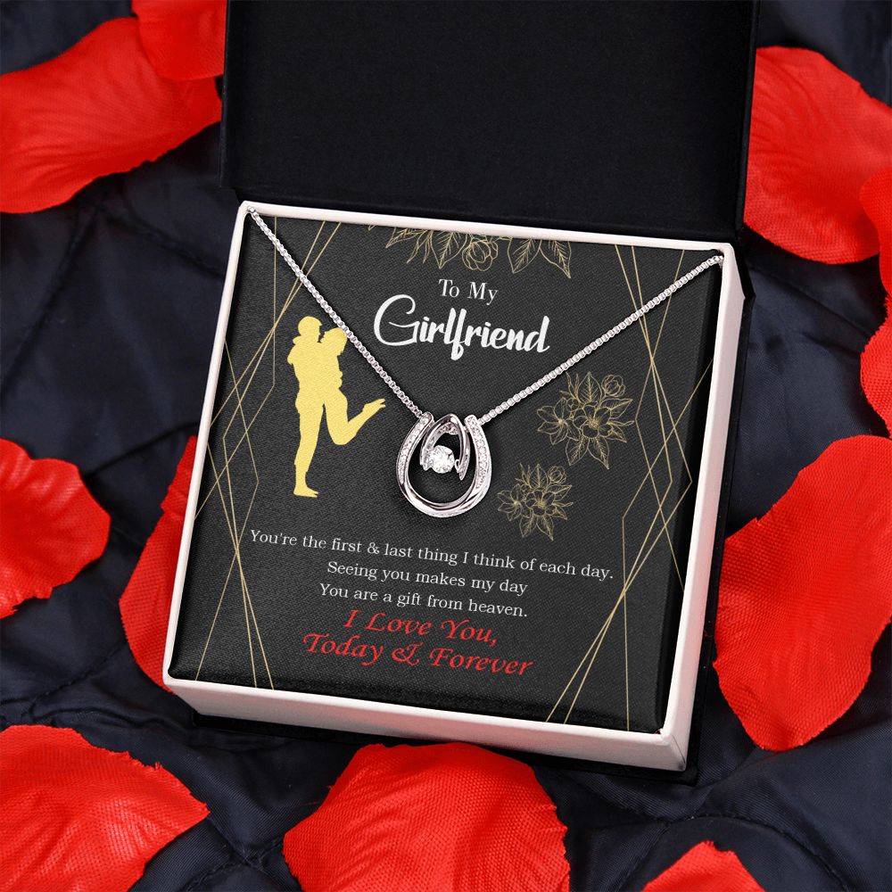 To My Girlfriend You Make my Day Lucky Horseshoe Necklace Message Card 14k w CZ Crystals-Express Your Love Gifts
