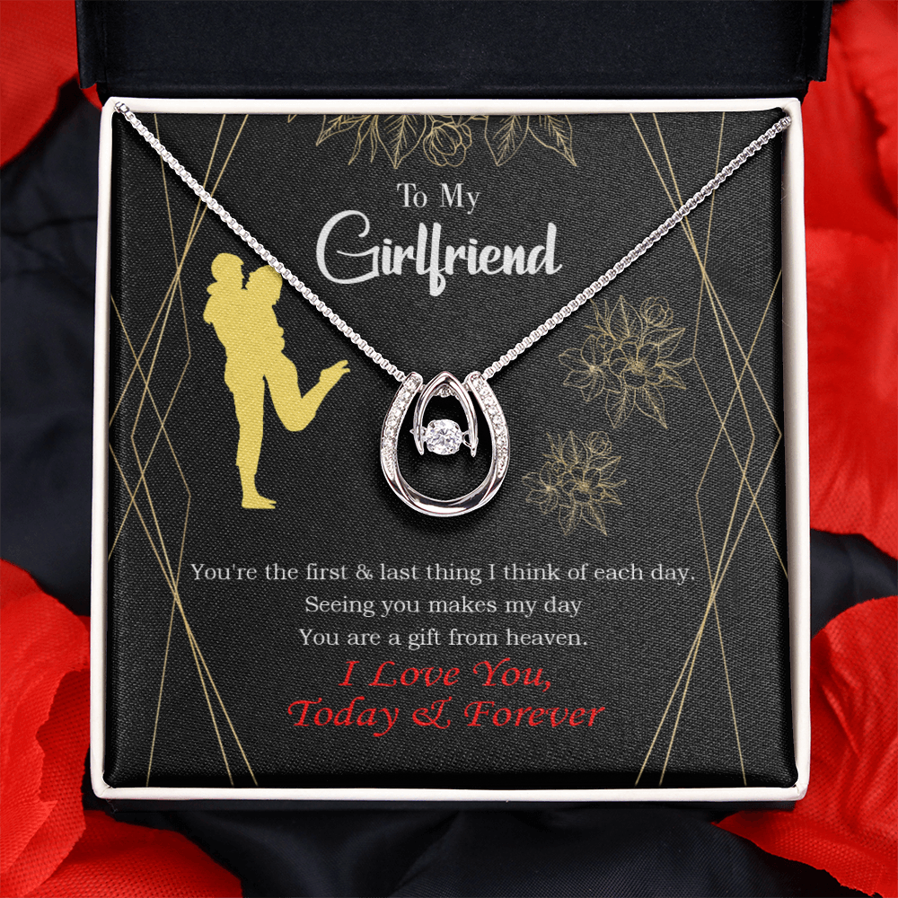 To My Girlfriend You Make my Day Lucky Horseshoe Necklace Message Card 14k w CZ Crystals-Express Your Love Gifts