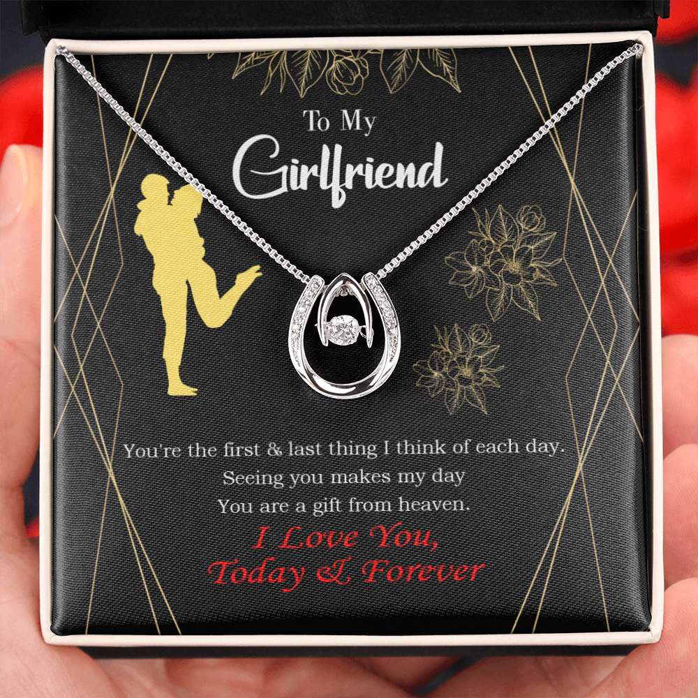 To My Girlfriend You Make my Day Lucky Horseshoe Necklace Message Card 14k w CZ Crystals-Express Your Love Gifts
