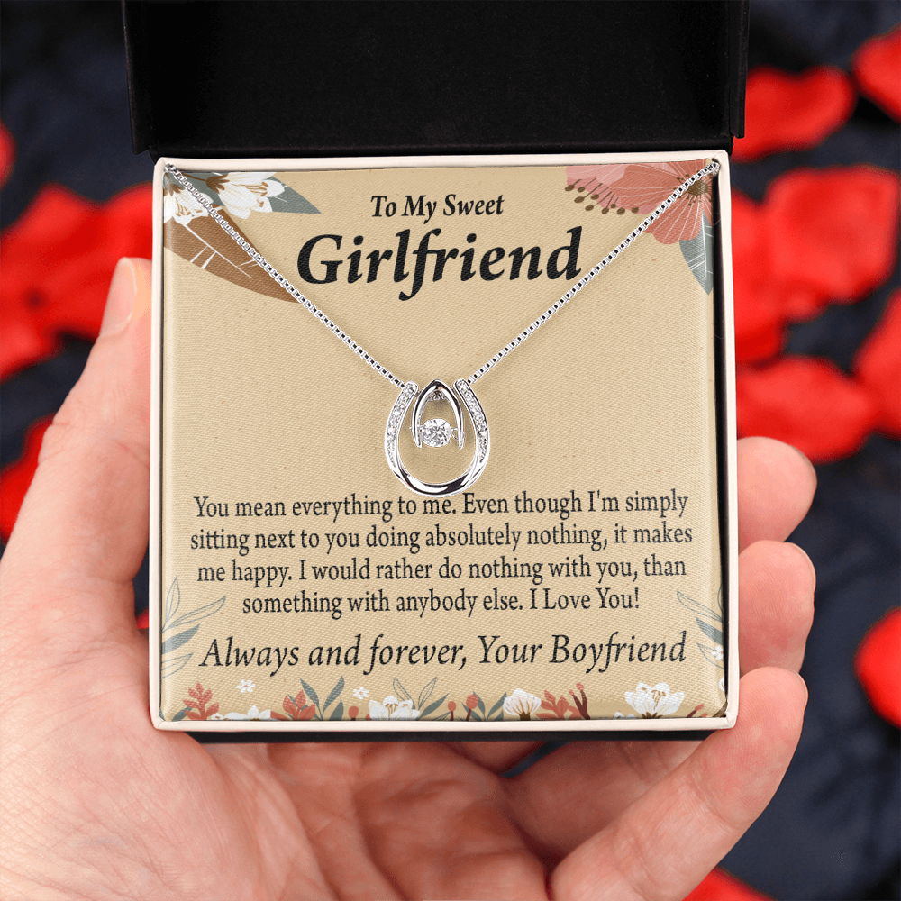To My Girlfriend You Mean Everything To Me Lucky Horseshoe Necklace Message Card 14k w CZ Crystals-Express Your Love Gifts