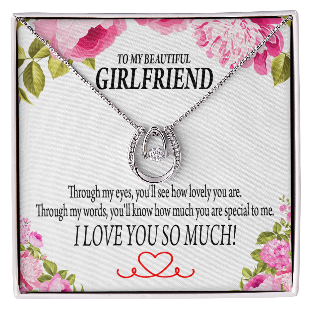 To My Girlfriend Your Special Lucky Horseshoe Necklace Message Card 14k w CZ Crystals-Express Your Love Gifts