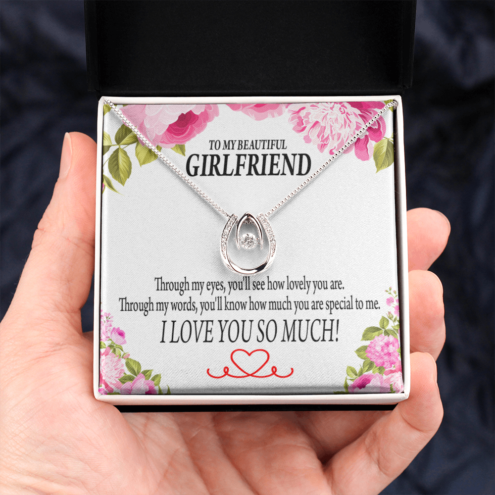 To My Girlfriend Your Special Lucky Horseshoe Necklace Message Card 14k w CZ Crystals-Express Your Love Gifts