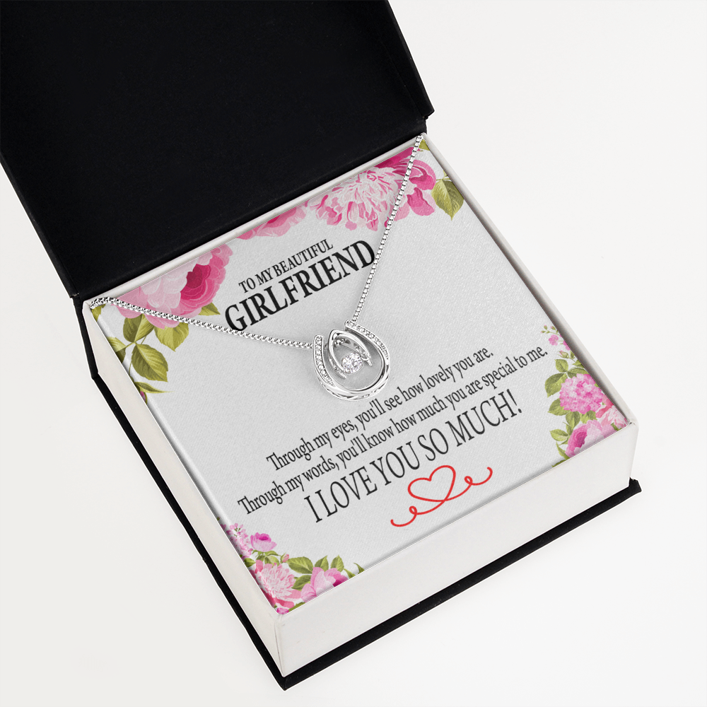 To My Girlfriend Your Special Lucky Horseshoe Necklace Message Card 14k w CZ Crystals-Express Your Love Gifts