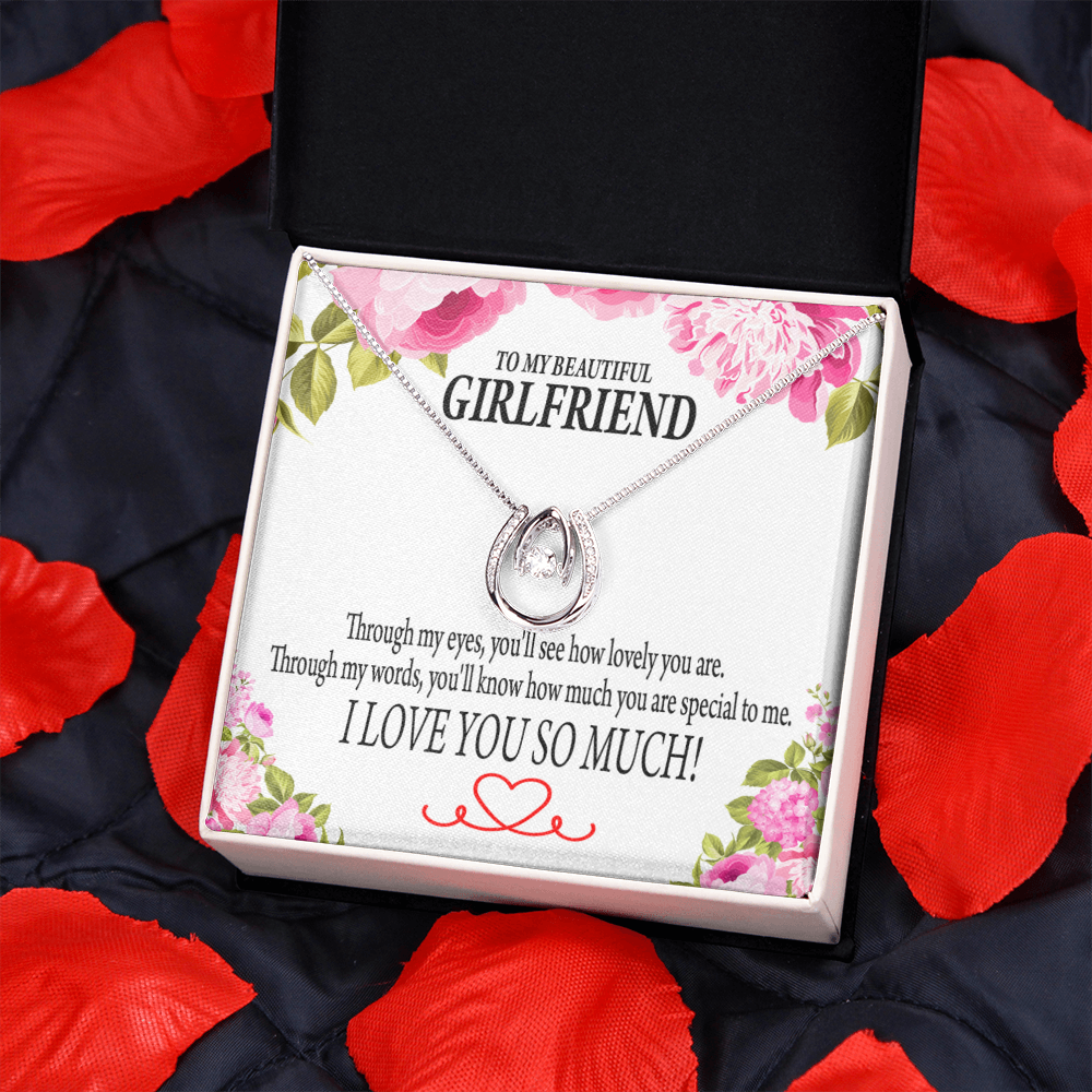 To My Girlfriend Your Special Lucky Horseshoe Necklace Message Card 14k w CZ Crystals-Express Your Love Gifts