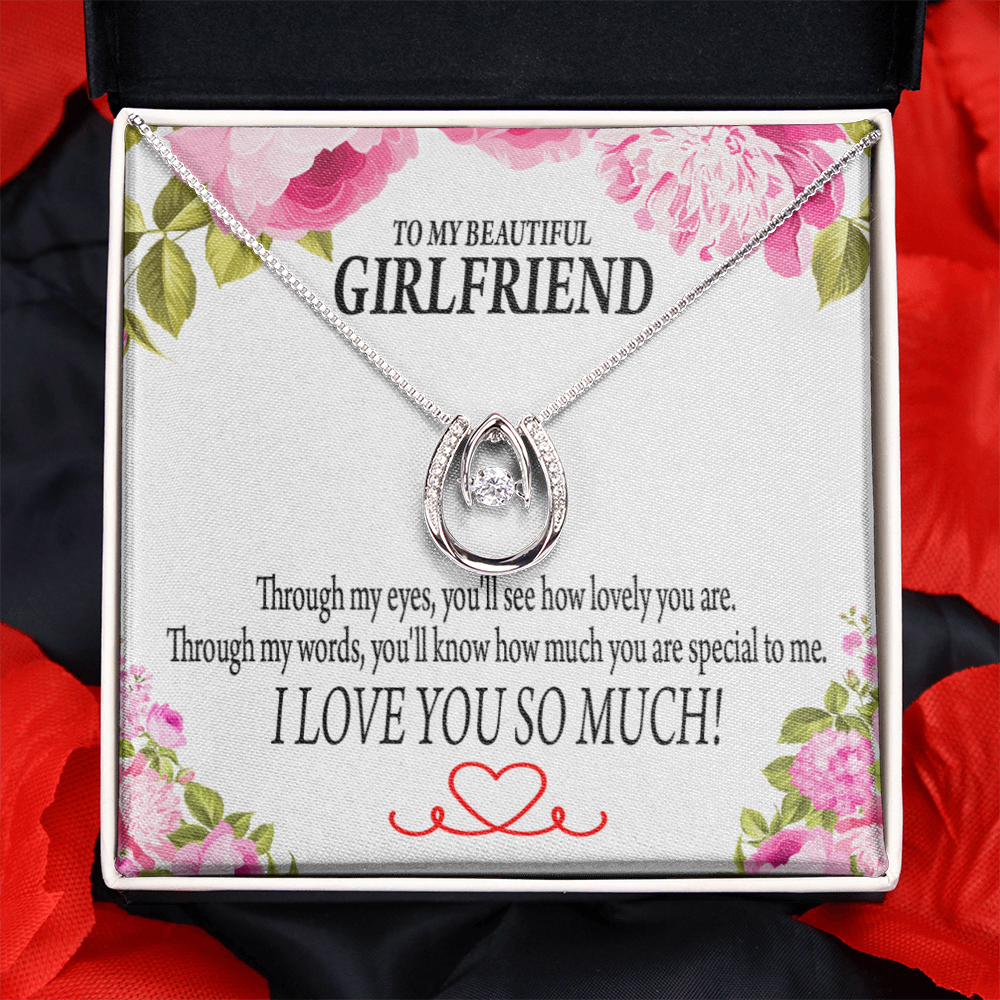 To My Girlfriend Your Special Lucky Horseshoe Necklace Message Card 14k w CZ Crystals-Express Your Love Gifts