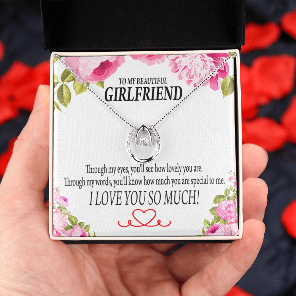 To My Girlfriend Your Special Lucky Horseshoe Necklace Message Card 14k w CZ Crystals-Express Your Love Gifts