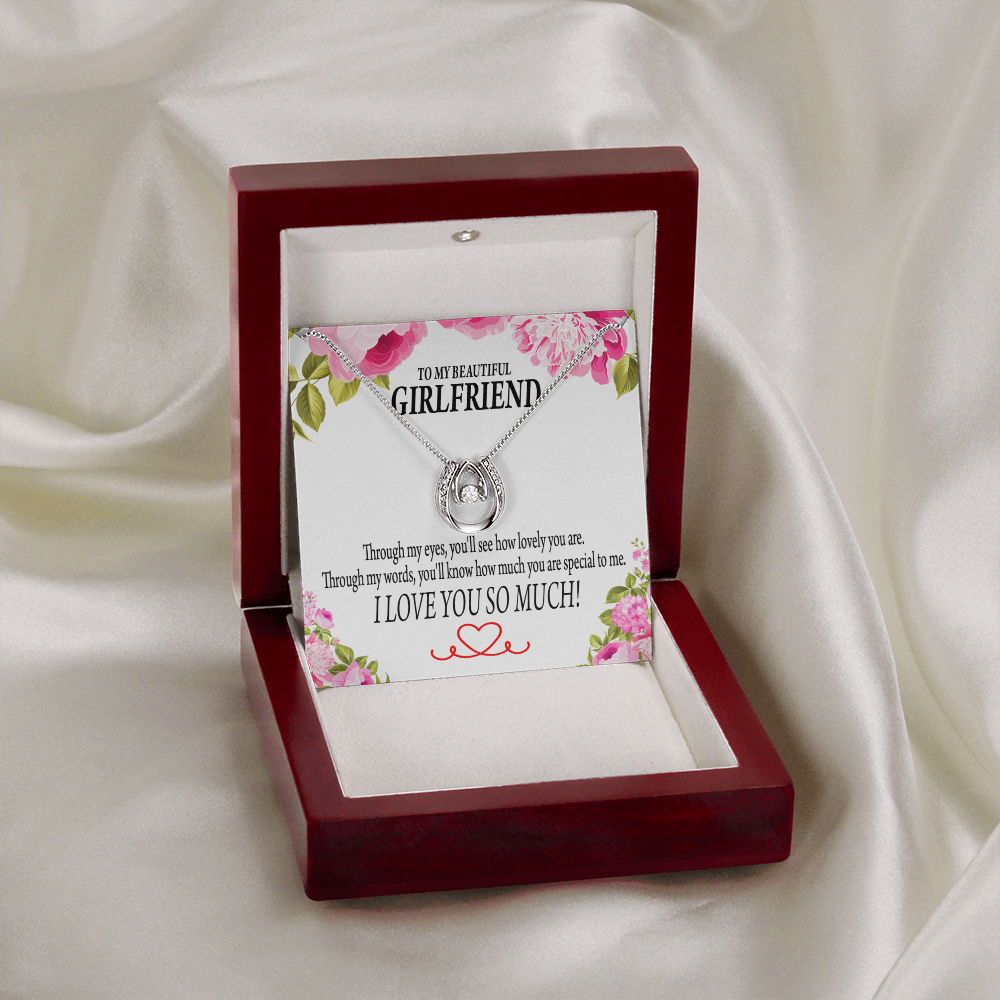 To My Girlfriend Your Special Lucky Horseshoe Necklace Message Card 14k w CZ Crystals-Express Your Love Gifts