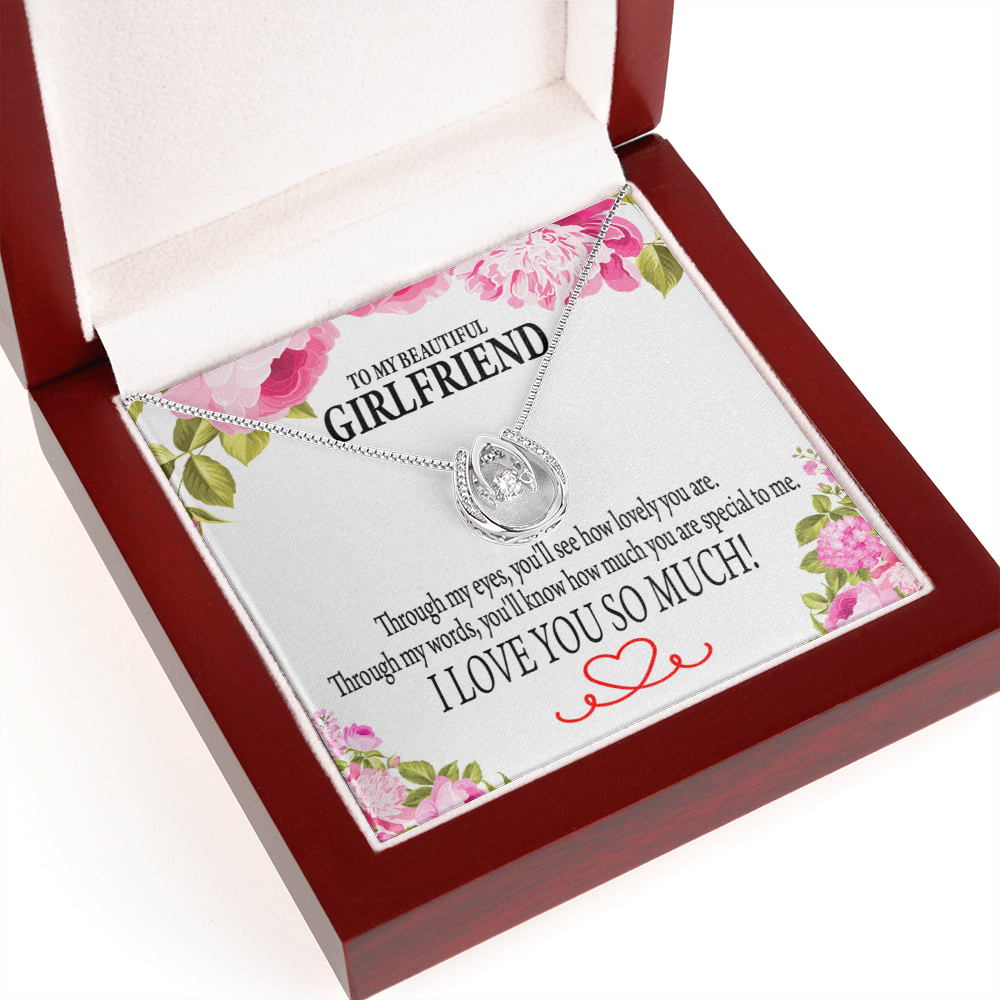 To My Girlfriend Your Special Lucky Horseshoe Necklace Message Card 14k w CZ Crystals-Express Your Love Gifts