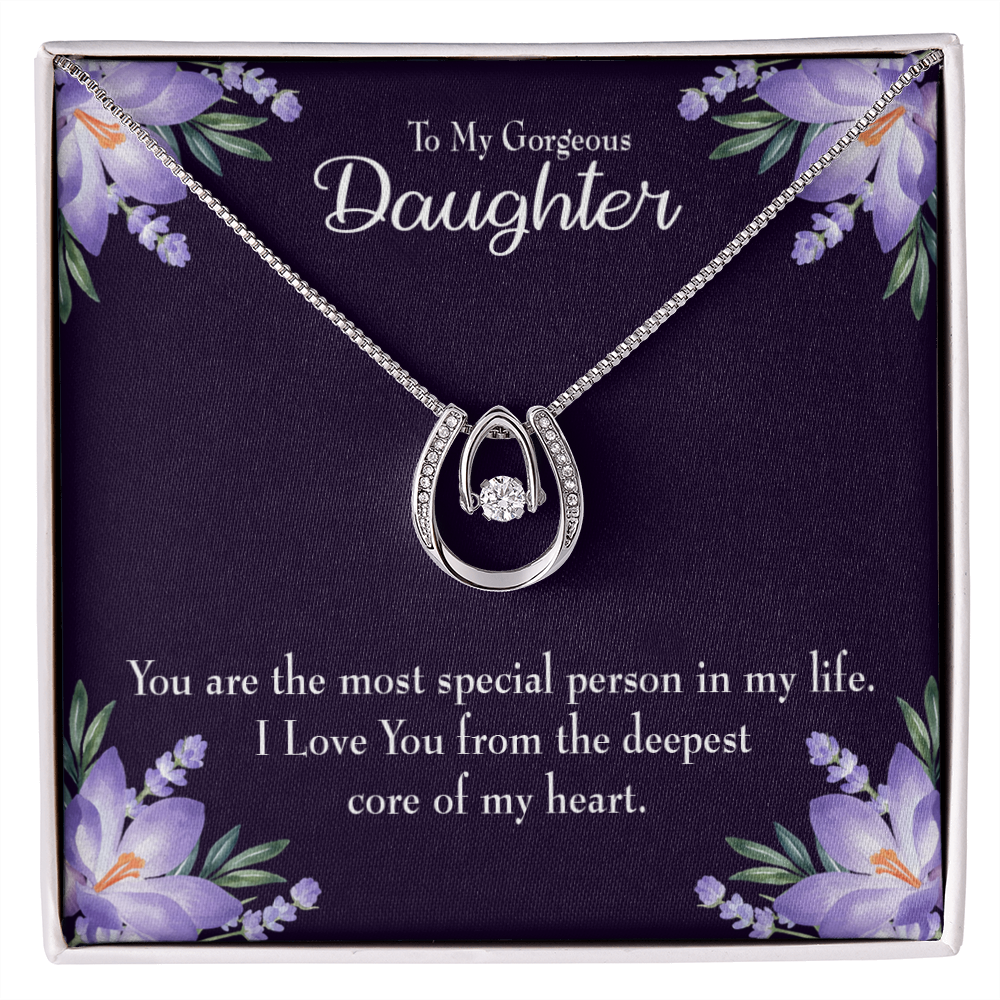 To my Gorgeous Daughter Lucky Horseshoe Necklace Message Card 14k w CZ Crystals-Express Your Love Gifts