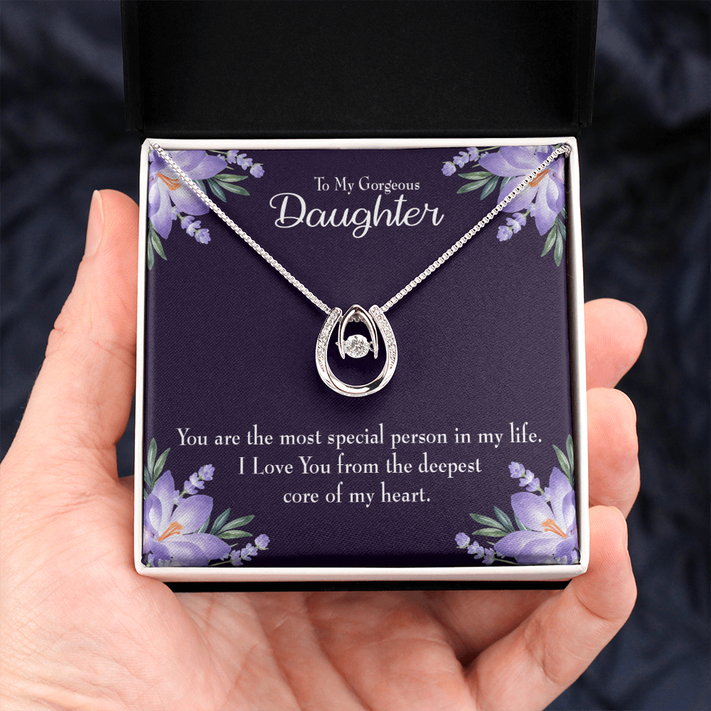 To my Gorgeous Daughter Lucky Horseshoe Necklace Message Card 14k w CZ Crystals-Express Your Love Gifts