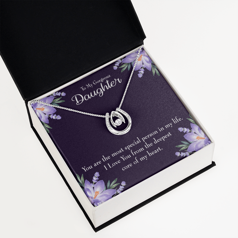 To my Gorgeous Daughter Lucky Horseshoe Necklace Message Card 14k w CZ Crystals-Express Your Love Gifts