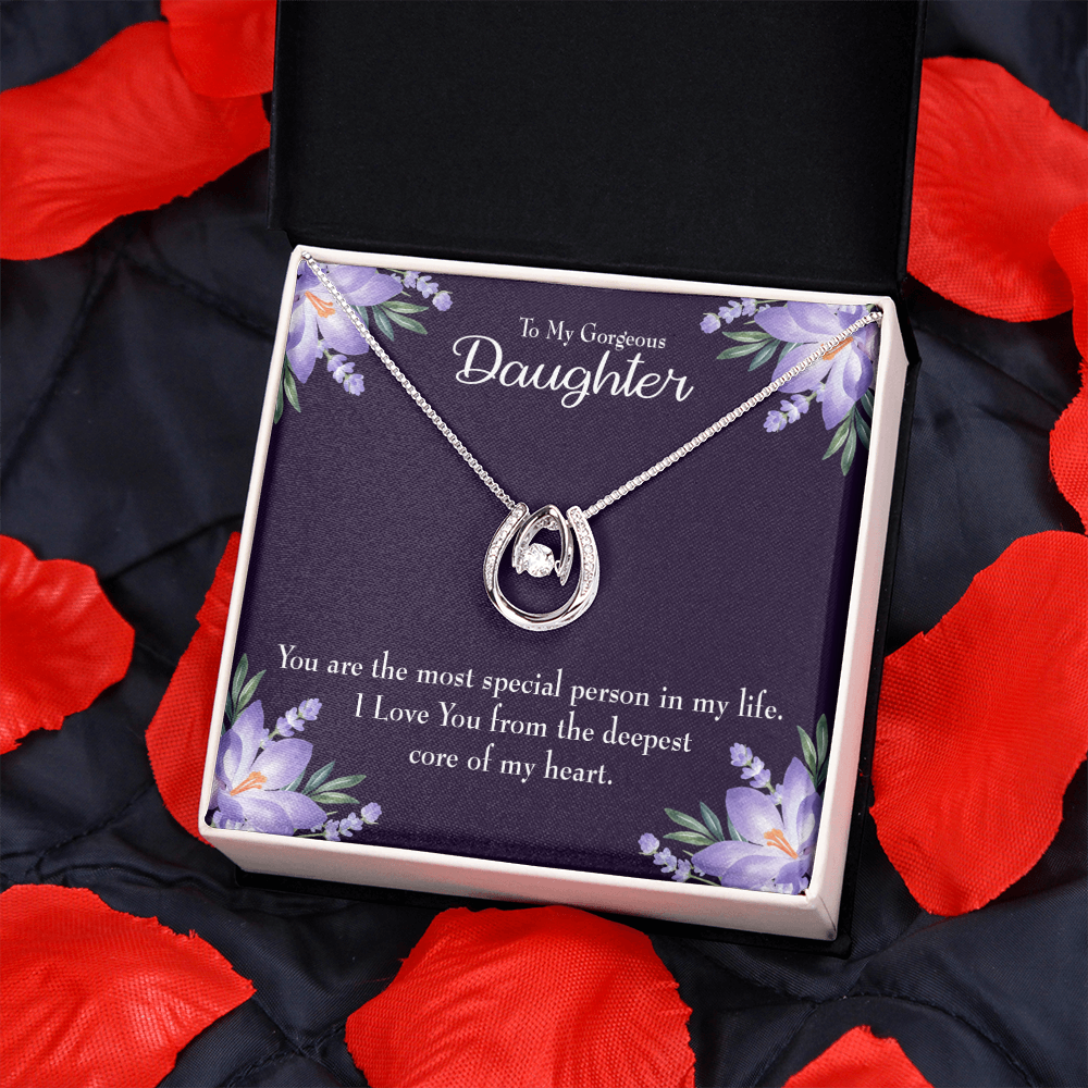 To my Gorgeous Daughter Lucky Horseshoe Necklace Message Card 14k w CZ Crystals-Express Your Love Gifts