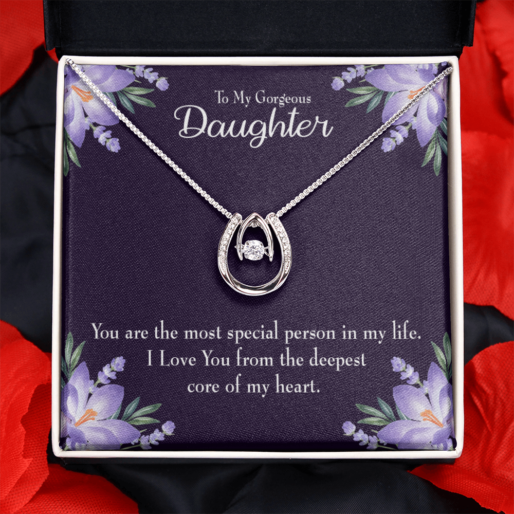 To my Gorgeous Daughter Lucky Horseshoe Necklace Message Card 14k w CZ Crystals-Express Your Love Gifts