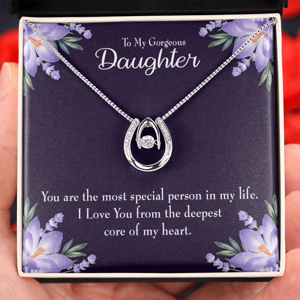 To my Gorgeous Daughter Lucky Horseshoe Necklace Message Card 14k w CZ Crystals-Express Your Love Gifts
