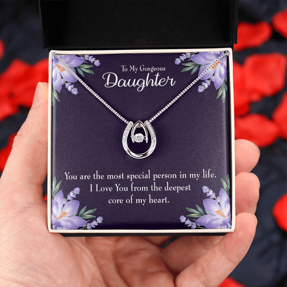 To my Gorgeous Daughter Lucky Horseshoe Necklace Message Card 14k w CZ Crystals-Express Your Love Gifts